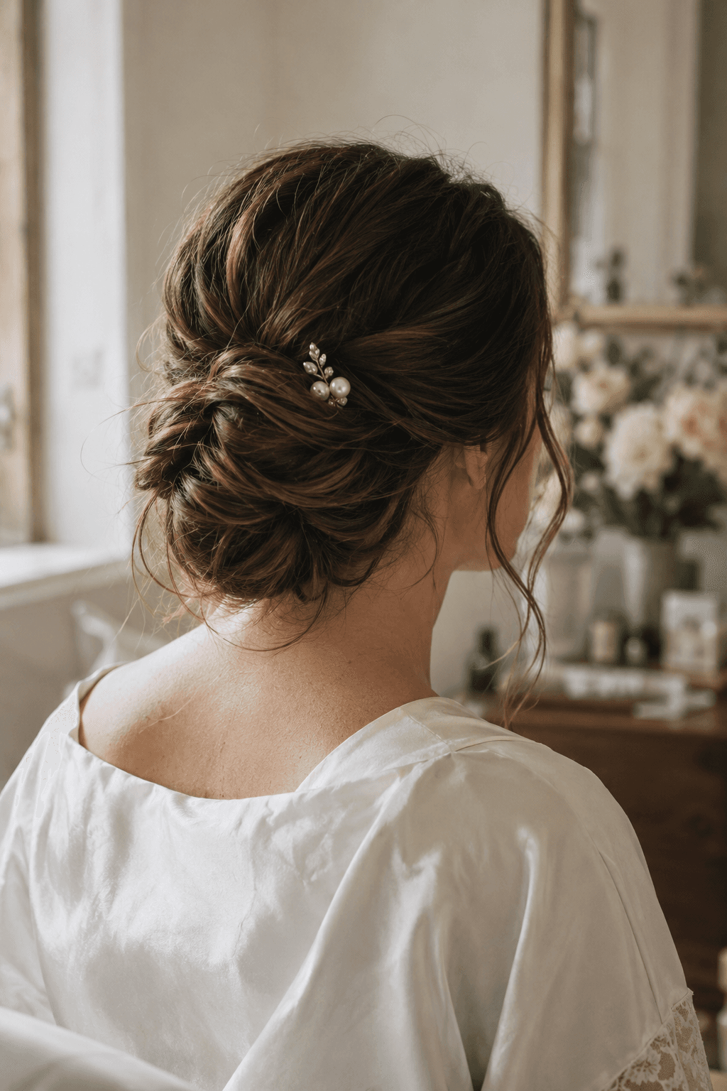 Elegant low bridal updo with a pearl hairpin