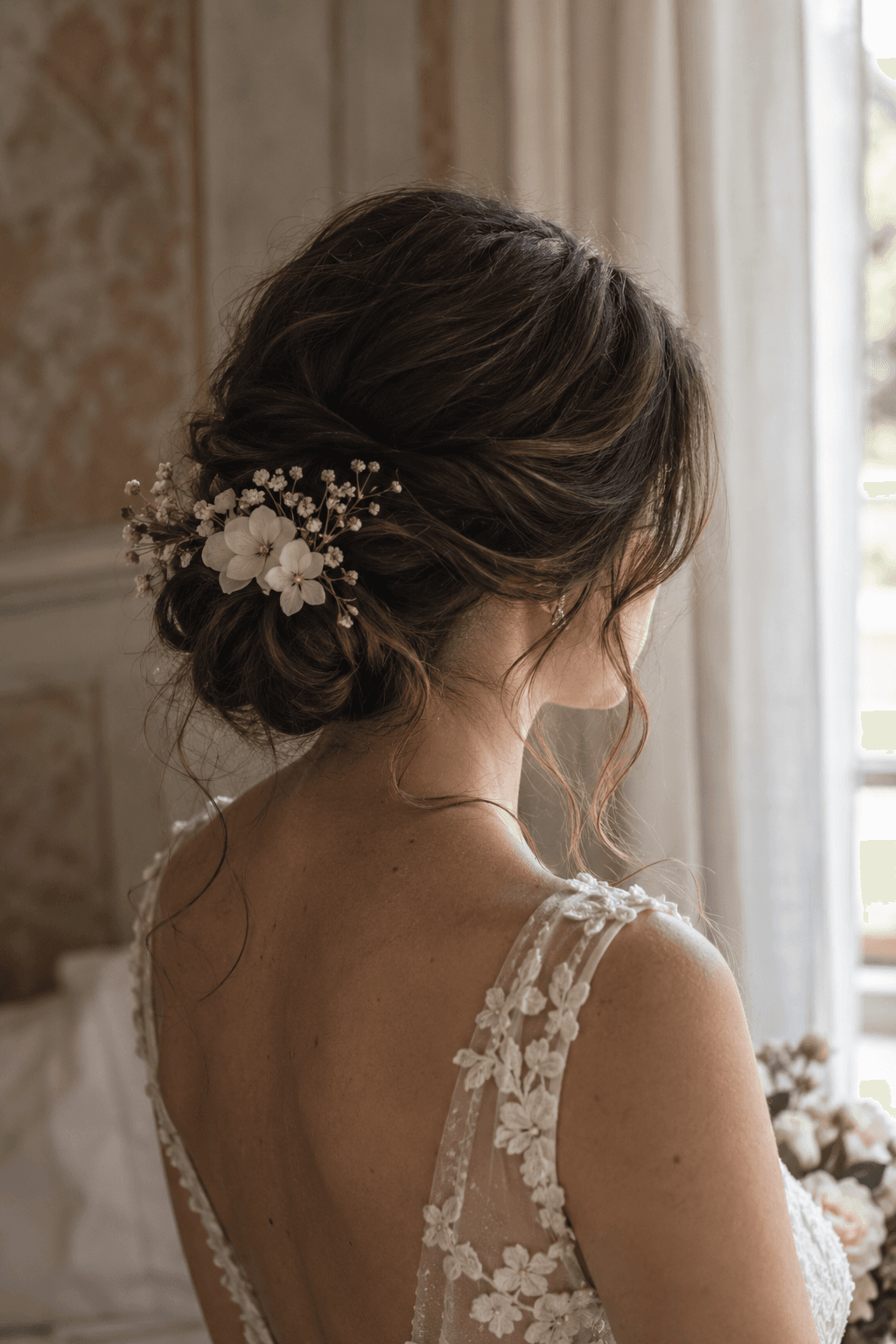 Romantic low chignon with delicate ivory flowers