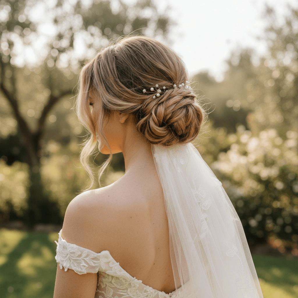 Romantic bridal updo with pearl hair pins and veil