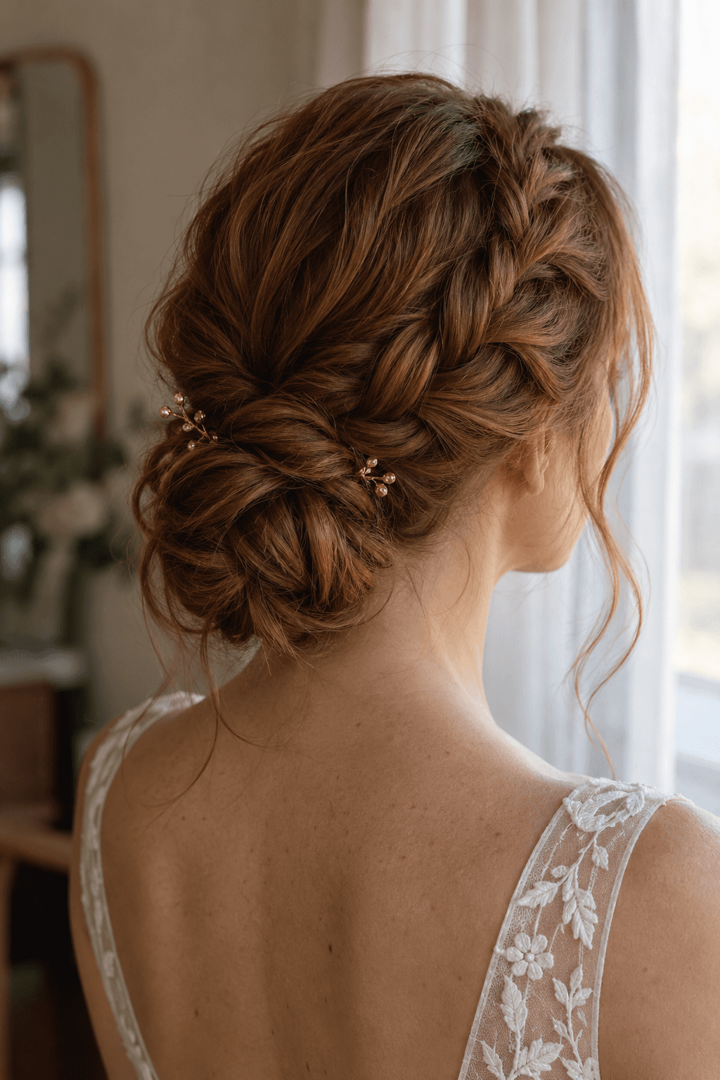 Textured braided bridal updo with delicate hair pins