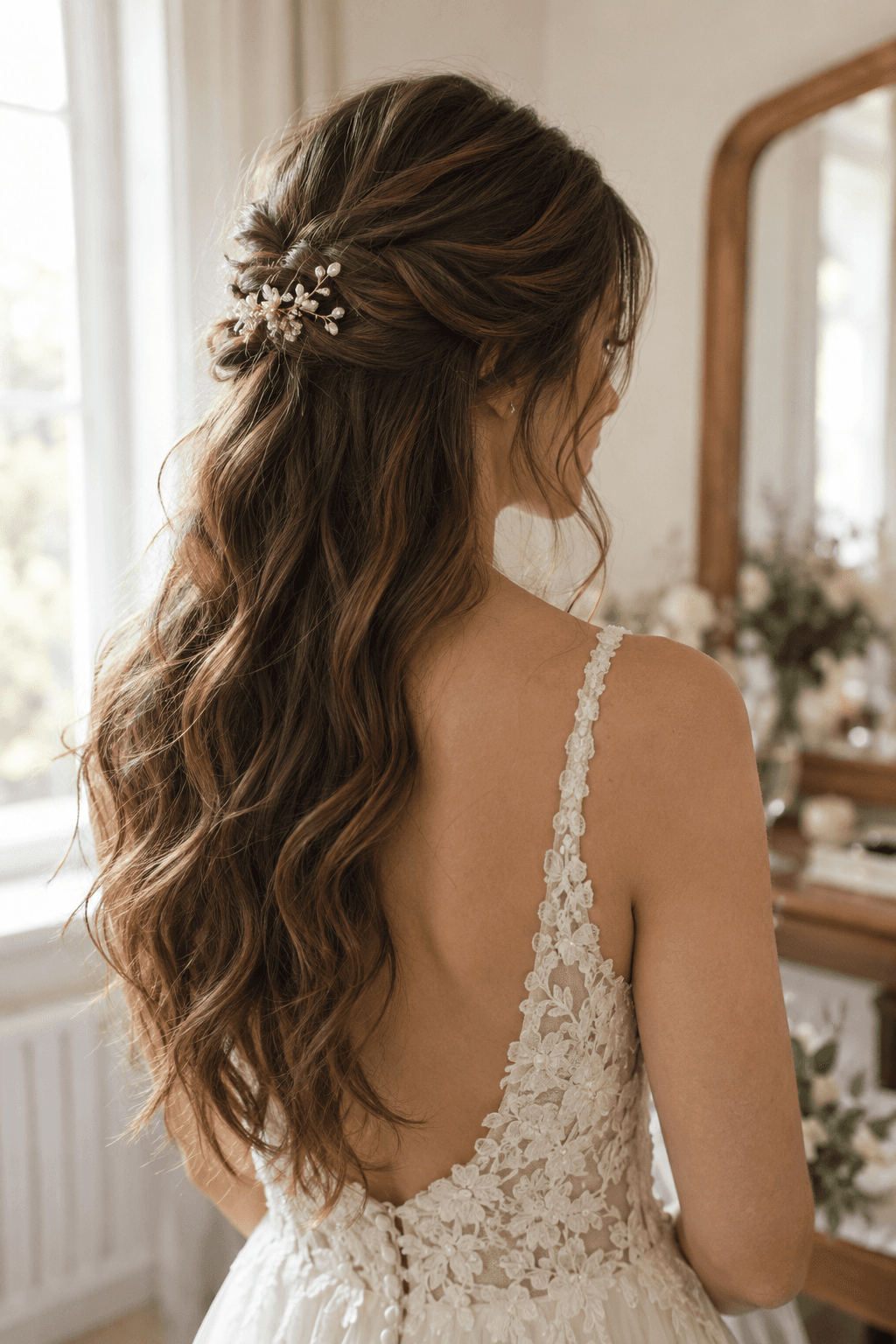 Romantic half-up bridal hairstyle with soft waves